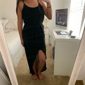 Black high-low strap dress with open slit